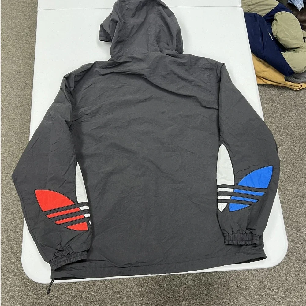 Adidas Windbreaker Jacket Mens M Grey Tricolor Trefoil Logo Full Zip Hooded